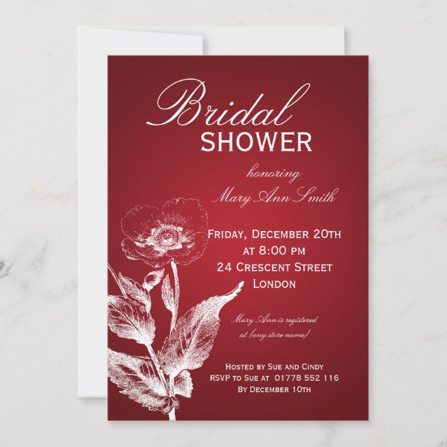 Invitación Elegante Bridal Shower Rojo amapola (Anverso)