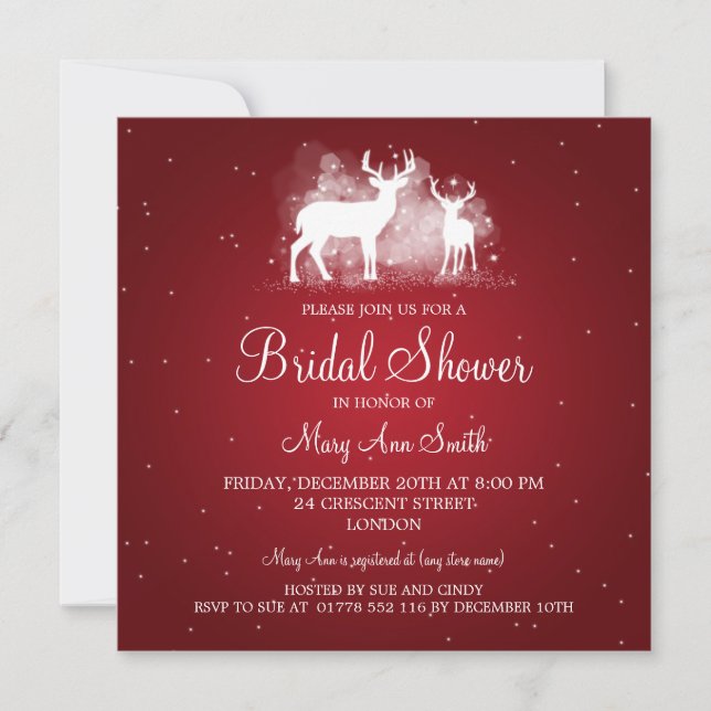 Invitación Elegante Bridal Shower Winter Deer Sparkle Red (Anverso)