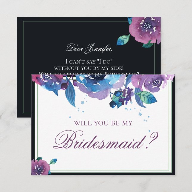 Invitación Elegante Bridesmaid con Floral azul violeta (Anverso / Reverso)