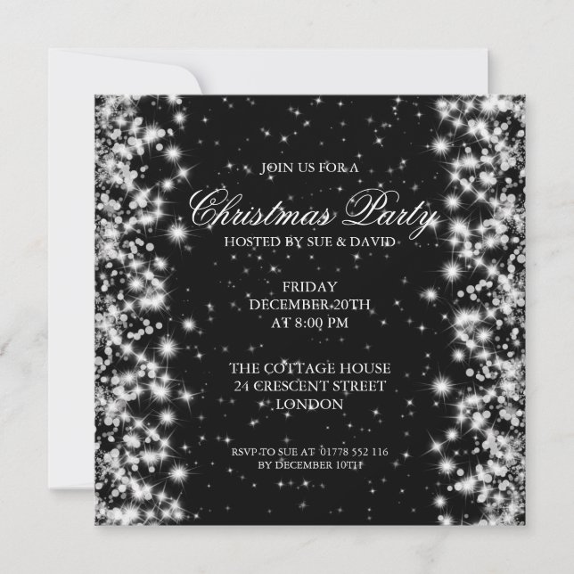 Invitación Elegante brillo de fiesta negro (Anverso)