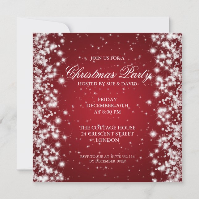 Invitación Elegante brillo de fiesta rojo (Anverso)