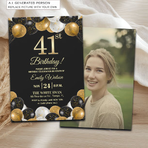 Invitación Elegante brillo de oro negro Cumpleaños 41 Foto