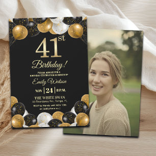 Invitación Elegante brillo de oro negro Cumpleaños 41 Foto