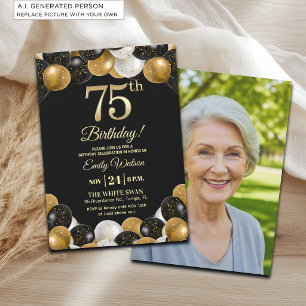 Invitación Elegante brillo de oro negro Cumpleaños 75 Foto