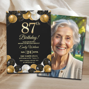 Invitación Elegante brillo de oro negro Cumpleaños 87 Foto