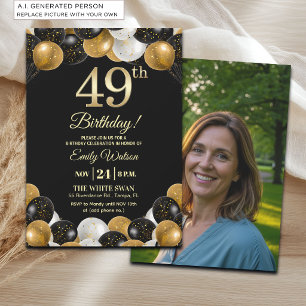 Invitación Elegante brillo de oro negro Foto de cumpleaños nú