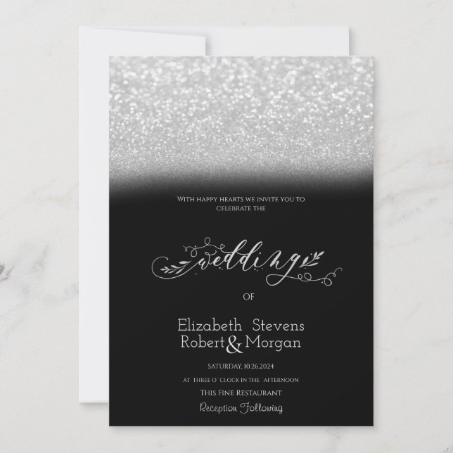 Invitación  Elegante brillo de plata Bokeh boda negra  (Anverso)