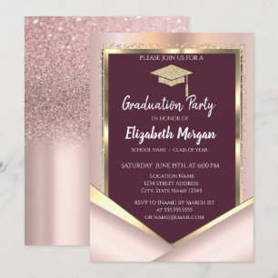 Invitación Elegante Brillo Diamantes Graduación Granate 