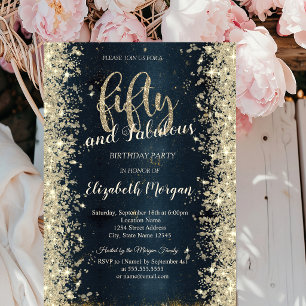 Invitación Elegante brillo dorado Cumpleaños 50 oscuro azul 