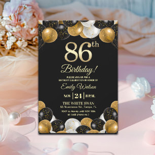 Invitación Elegante Brillo Dorado Negro Cumpleaños 86