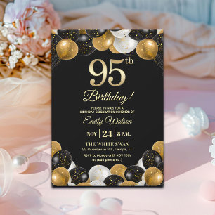 Invitación Elegante Brillo Dorado Negro Cumpleaños 95