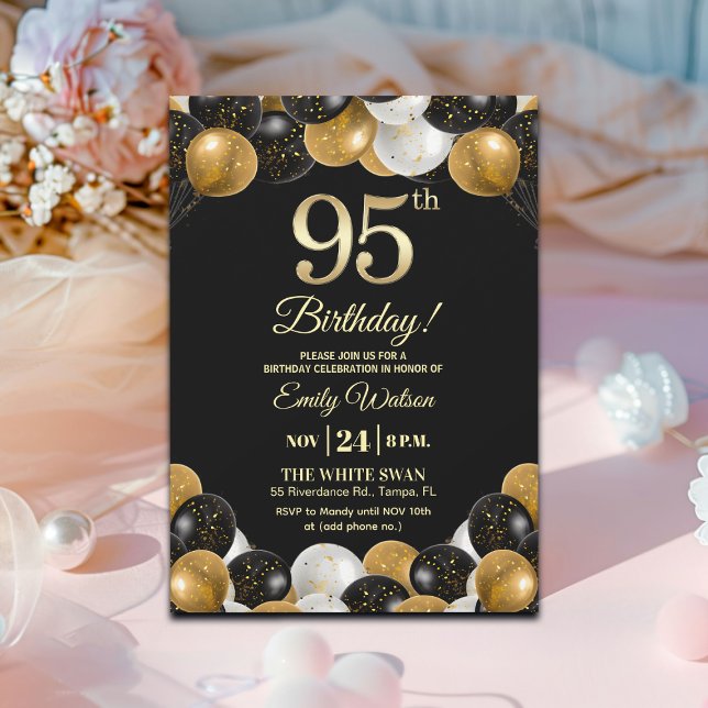 Invitación Elegante Brillo Dorado Negro Cumpleaños 95 (Subido por el creador)