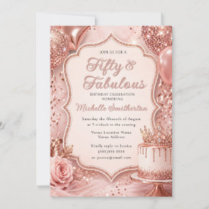 Invitación Elegante Brillo Dorado Rosa 50 y Cumpleaños Fabulo