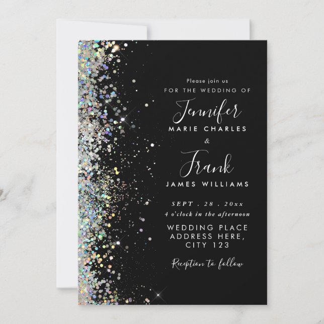 Invitación Elegante Brillo Holográfico Destellos Bodas Negras (Anverso)