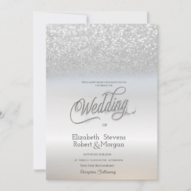 Invitación Elegante Brillo Plateado Bokeh Boda Chic (Anverso)
