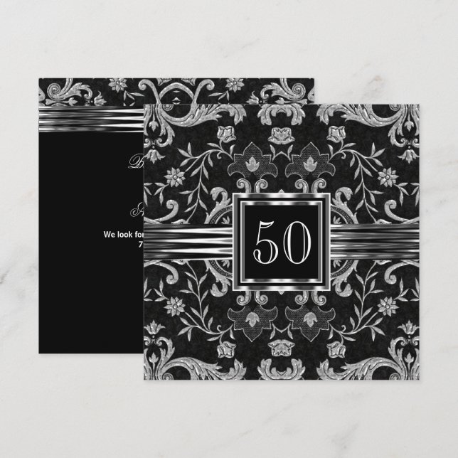 Invitación Elegante Brocado de Damasco Negro Fiesta de Cumple (Anverso / Reverso)