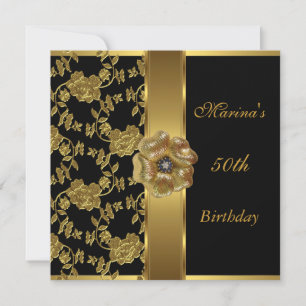 Invitación Elegante brocado floral negro dorado para cumpleañ