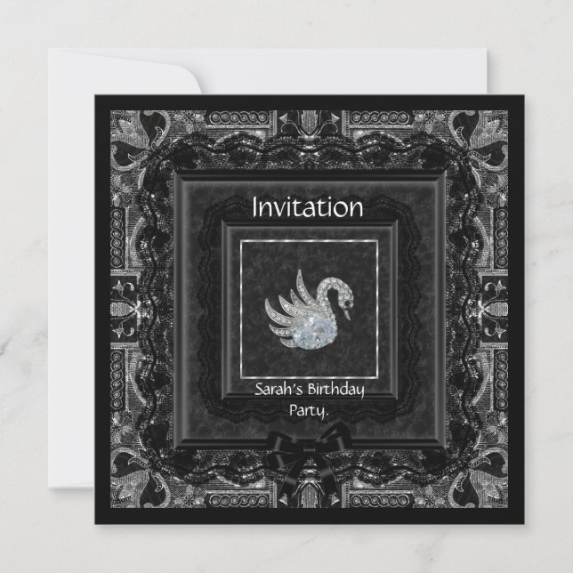 Invitación Elegante Brocado Lazo de Encaje Negro Cisne 2 (Anverso)