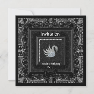 Invitación Elegante Brocado Lazo de Encaje Negro Cisne 2