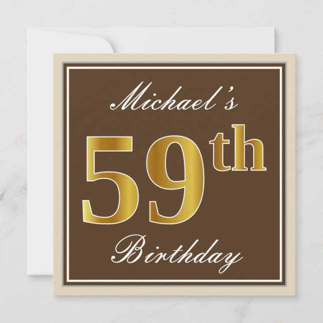 Invitación Elegante, Brown, 59.o cumpleaños del falso oro + (Anverso)
