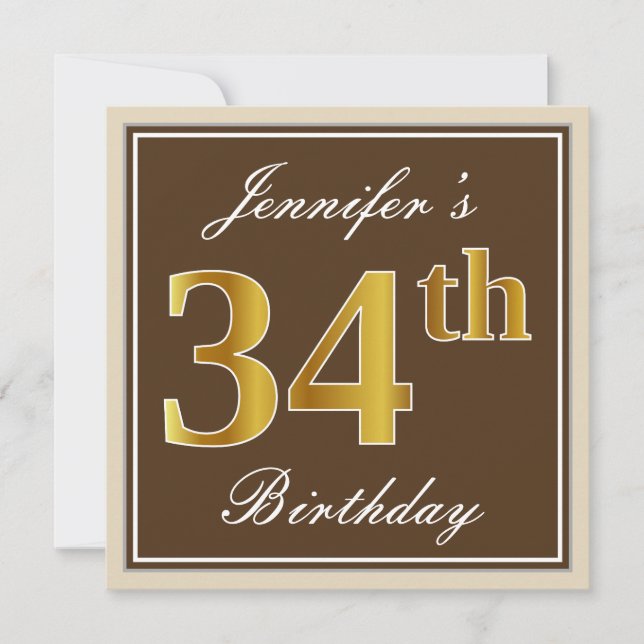 Invitación Elegante, Brown, Faux Gold 34th Birthday + Nombre (Anverso)