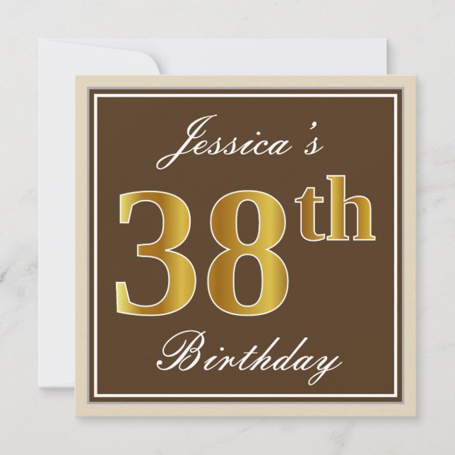 Invitación Elegante, Brown, Faux Gold 38th Birthday + Name (Anverso)