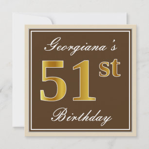 Invitación Elegante, Brown, Faux Gold 51st Birthday + Nombre