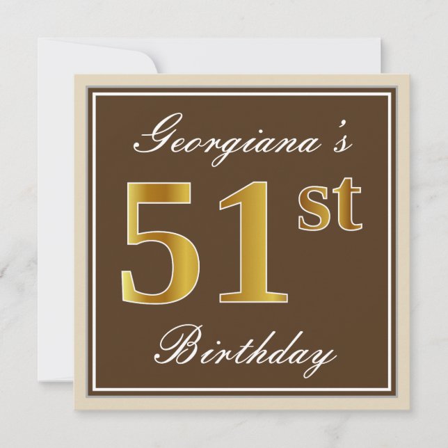 Invitación Elegante, Brown, Faux Gold 51st Birthday + Nombre (Anverso)