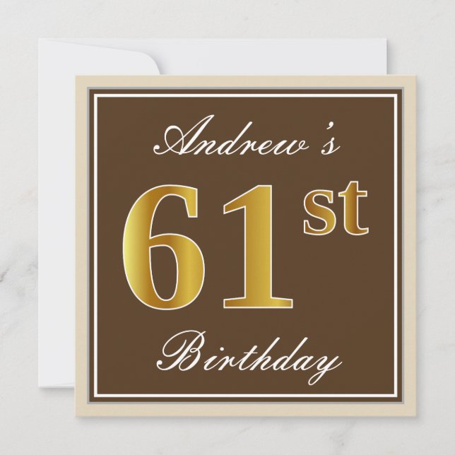 Invitación Elegante, Brown, Faux Gold 61st Birthday + Nombre (Anverso)