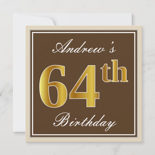 Invitación Elegante, Brown, Faux Gold 64th Birthday + Nombre (Anverso)