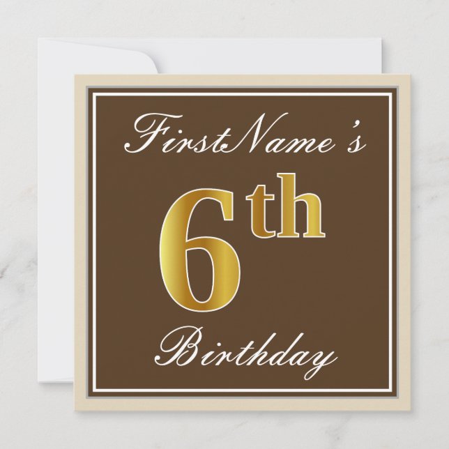 Invitación Elegante, Brown, Faux Gold 6Cumpleaños + Nombre (Anverso)