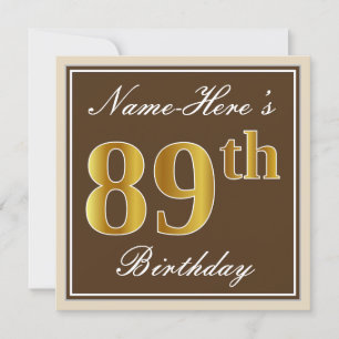 Invitación Elegante, Brown, Faux Gold 89th Birthday + Nombre