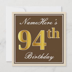 Invitación Elegante, Brown, Faux Gold 94th Birthday + Nombre