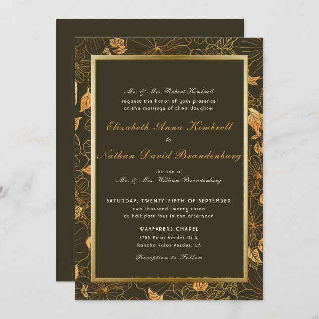 Invitación Elegante Brown & Gold Floral Otoño Boda otoño (Anverso / Reverso)