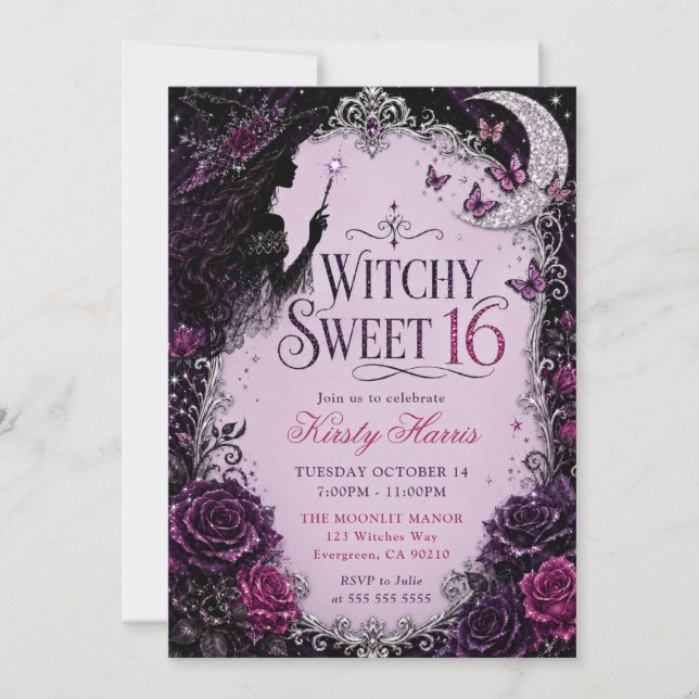 Invitación Elegante Bruja Sweet 16 (Anverso)