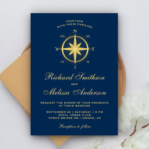 Invitación Elegante brújula náutica azul y dorada para boda