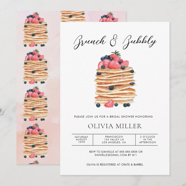 Invitación Elegante Brunch acuarela y ducha de novia con burb (Anverso / Reverso)