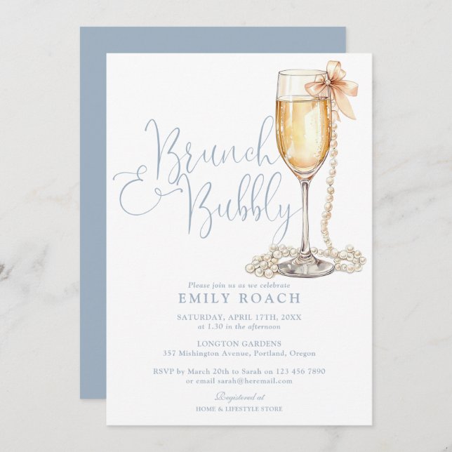 Invitación Elegante Brunch Azul Polvoriento Y Ducha Bridal (Anverso / Reverso)