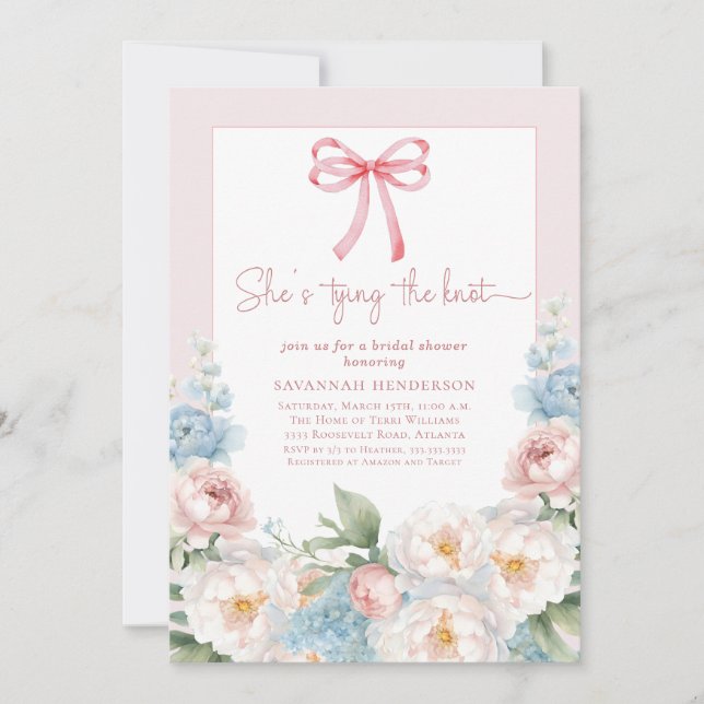 Invitación Elegante brunch azul rosado floral con ducha de no (Anverso)