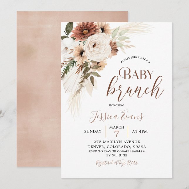 Invitación Elegante Brunch Beige Boho Pampas Bebé Grass (Anverso / Reverso)