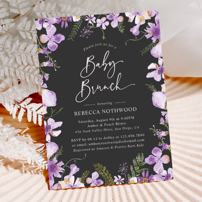 Invitación Elegante Brunch Black Purple Floral Garden Baby (Subido por el creador)