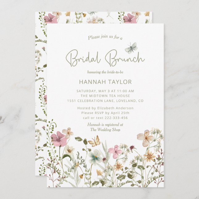 Invitación Elegante Brunch Boho Floral Wildflower Bridal Brun (Anverso / Reverso)