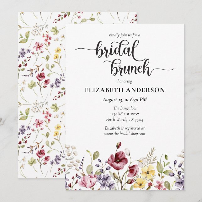 Invitación Elegante Brunch Boho Wildflower Bridal Shower (Anverso / Reverso)