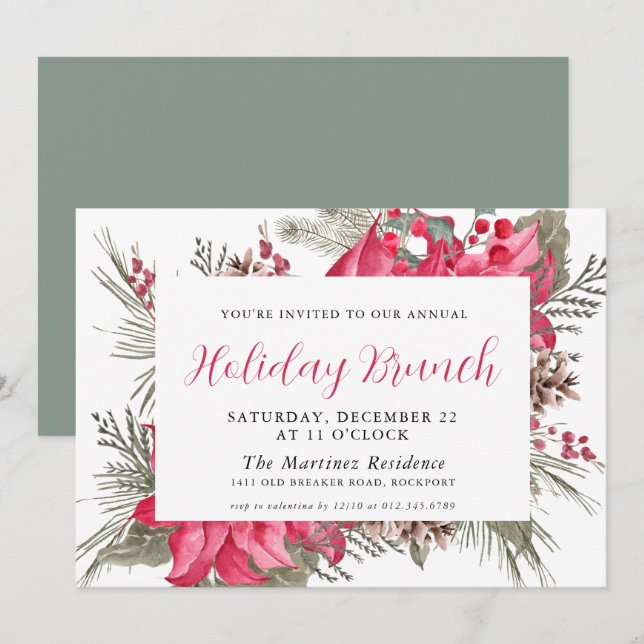 Invitación Elegante Brunch Botánico de Vacaciones de Poinsett (Anverso / Reverso)