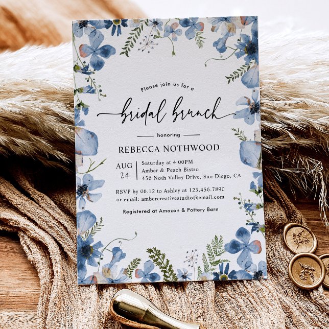 Invitación Elegante Brunch Botánico Dusty Blue Floral Bridal  (Subido por el creador)