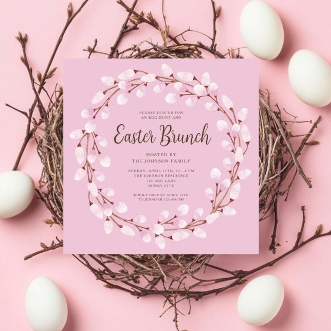 Invitación Elegante Brunch Botánico Rosa de Pascua (Elegant Pink Botanical Easter Brunch Invitation)