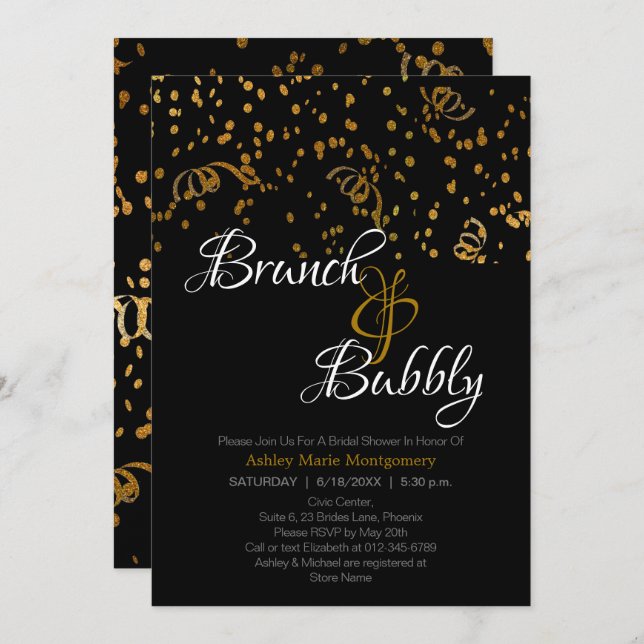 Invitación Elegante Brunch Bubbly Bridal Shower Gold Confetti (Anverso / Reverso)
