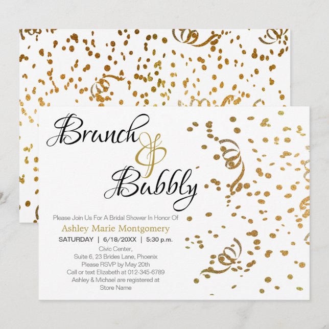 Invitación Elegante Brunch Bubbly Bridal Shower Gold Confetti (Anverso / Reverso)