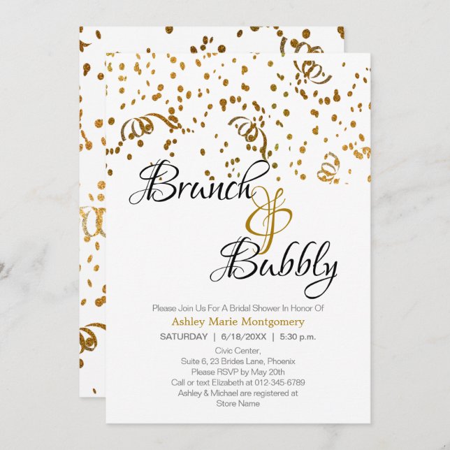 Invitación Elegante Brunch Bubbly Bridal Shower Gold Confetti (Anverso / Reverso)
