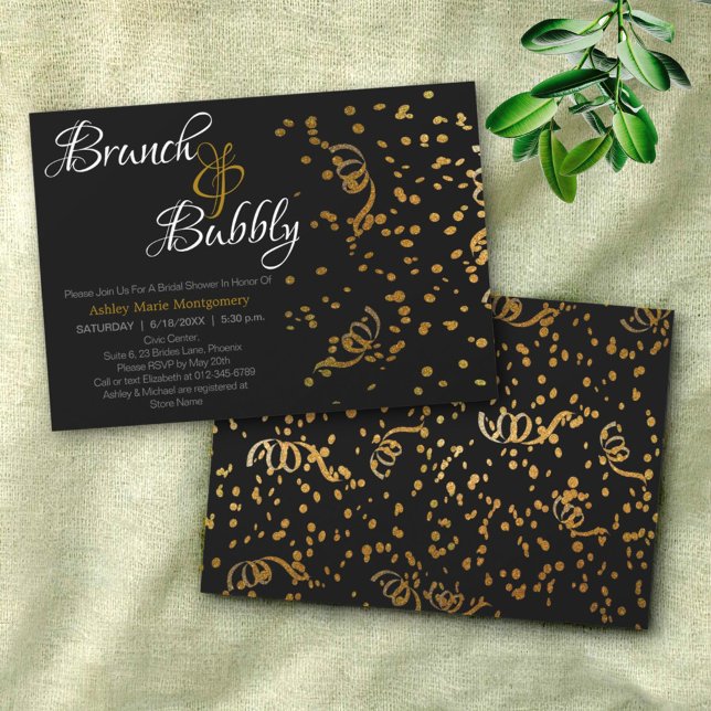 Invitación Elegante Brunch Bubbly Bridal Shower Gold Confetti (view of the brunch and bubbly front template text design and the back)